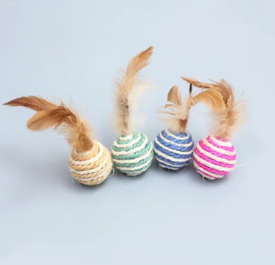 2Pcs Cat Toy Pet Rattan Ball Cat Toy Funny Faux Feather Cat Bell Ball Kitten Playing Interactive Ball Toys Pet Supplies