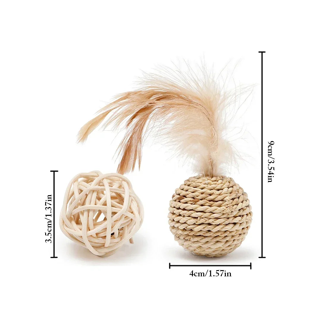 2Pcs Cat Toy Pet Rattan Ball Cat Toy Funny Faux Feather Cat Bell Ball Kitten Playing Interactive Ball Toys Pet Supplies