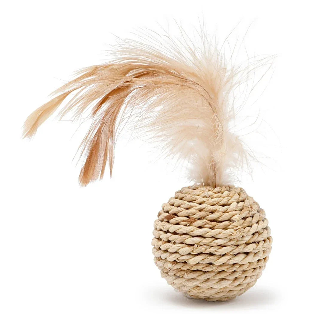 2Pcs Cat Toy Pet Rattan Ball Cat Toy Funny Faux Feather Cat Bell Ball Kitten Playing Interactive Ball Toys Pet Supplies