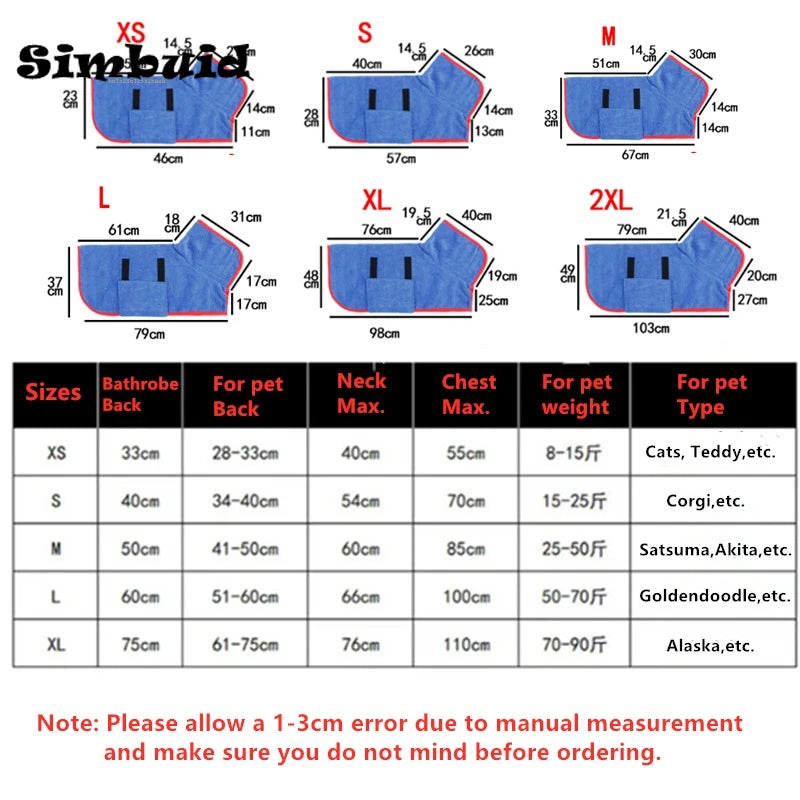 Pet Bathrobe Adjustable Absorbent Towel for Large Medium Small Dog Super Fast Drying Moisture Bath Robe