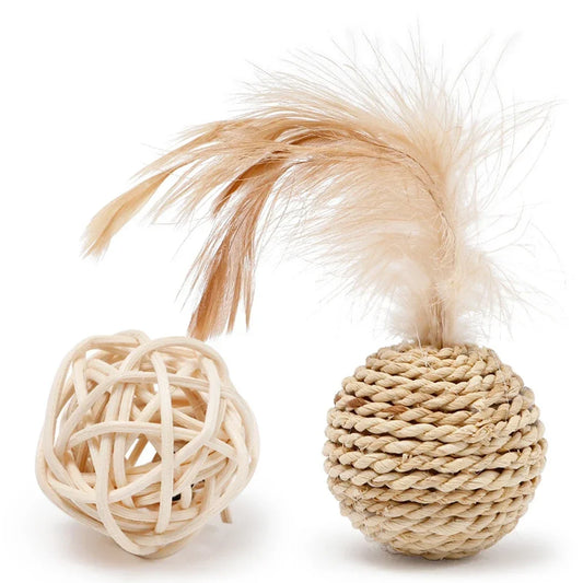 2Pcs Cat Toy Pet Rattan Ball Cat Toy Funny Faux Feather Cat Bell Ball Kitten Playing Interactive Ball Toys Pet Supplies